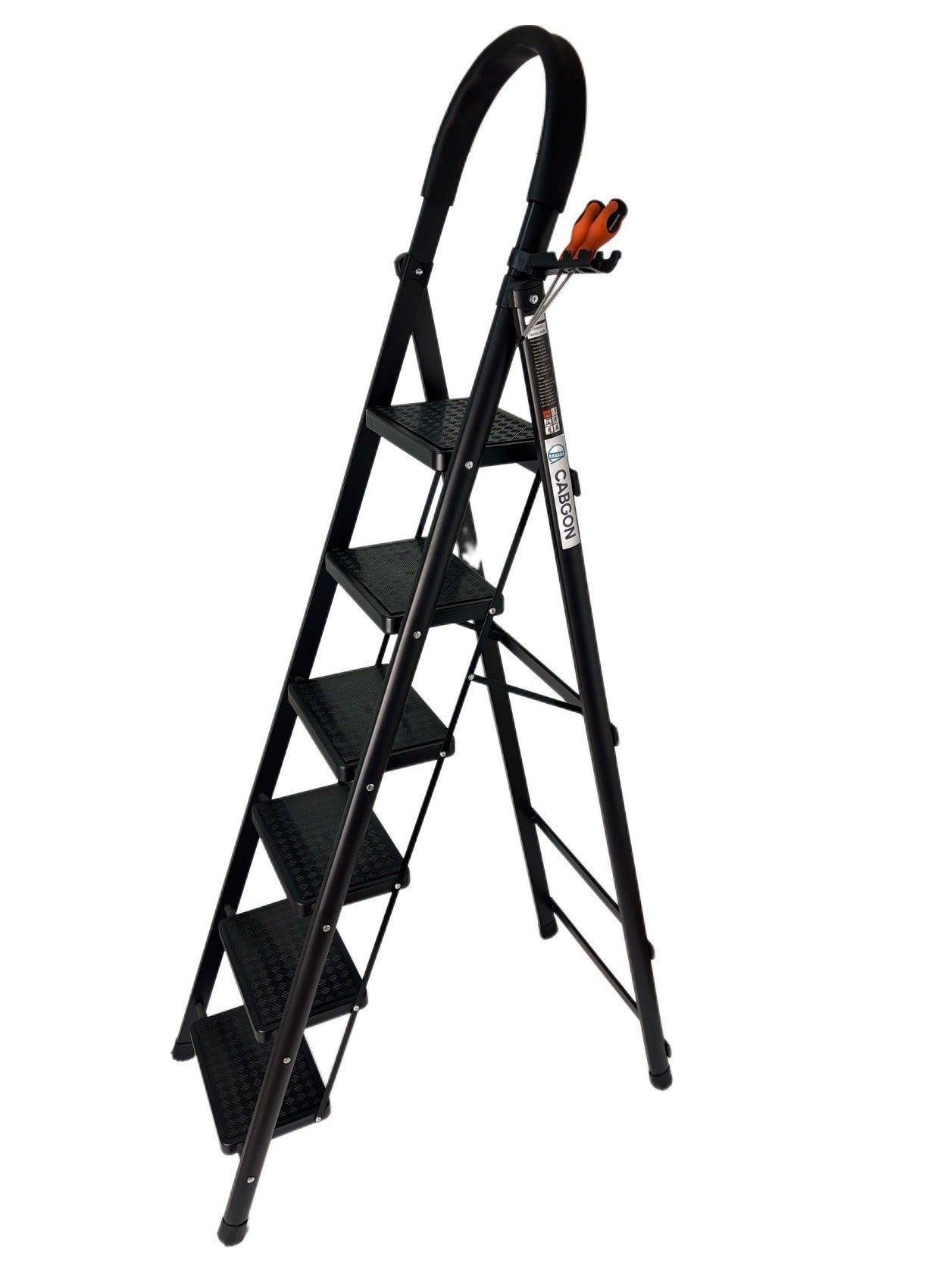 6 Step Folding Ladder for Home Use, Heavy Duty Foldable Step Ladder with Handrail and Non-Slip Wide Pedals, Lightweight Steel Ladder for Kitchen, Office, Library, Warehouse (Black, 6 steps)